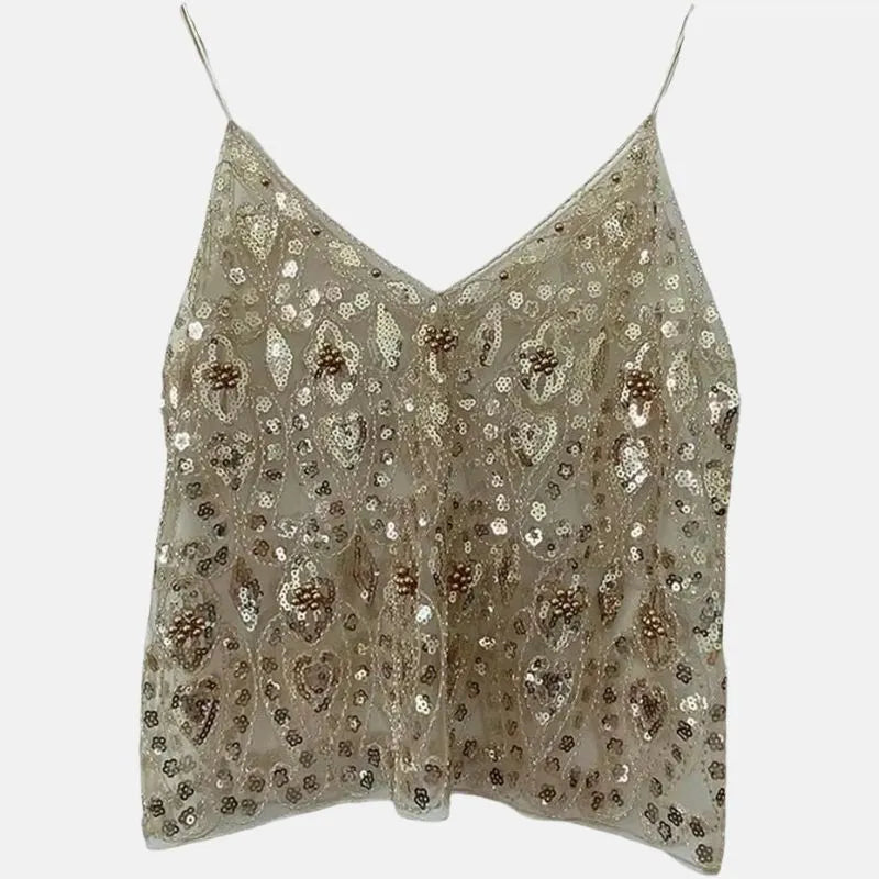 Lunara - Beaded Sequin Crop Top V Neck