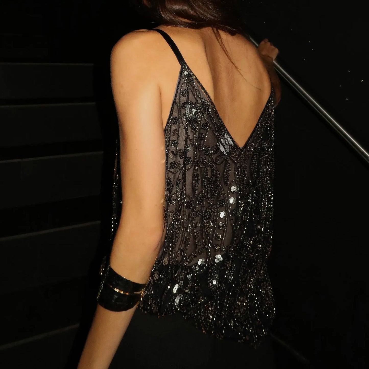 Lunara - Beaded Sequin Crop Top V Neck