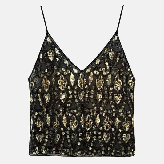 Lunara - Beaded Sequin Crop Top V Neck