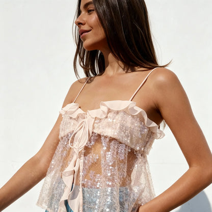 Avelis - Sequin Top with Ruffle Detail and Bow
